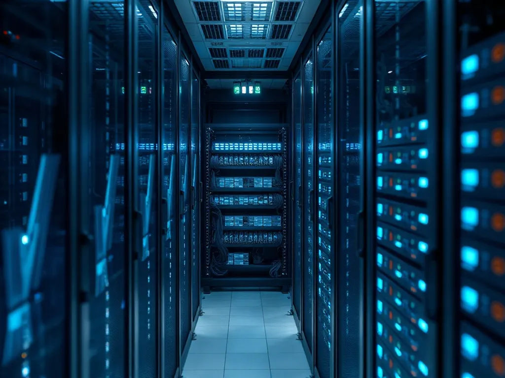 A professional photo of a modern server room rack with blink