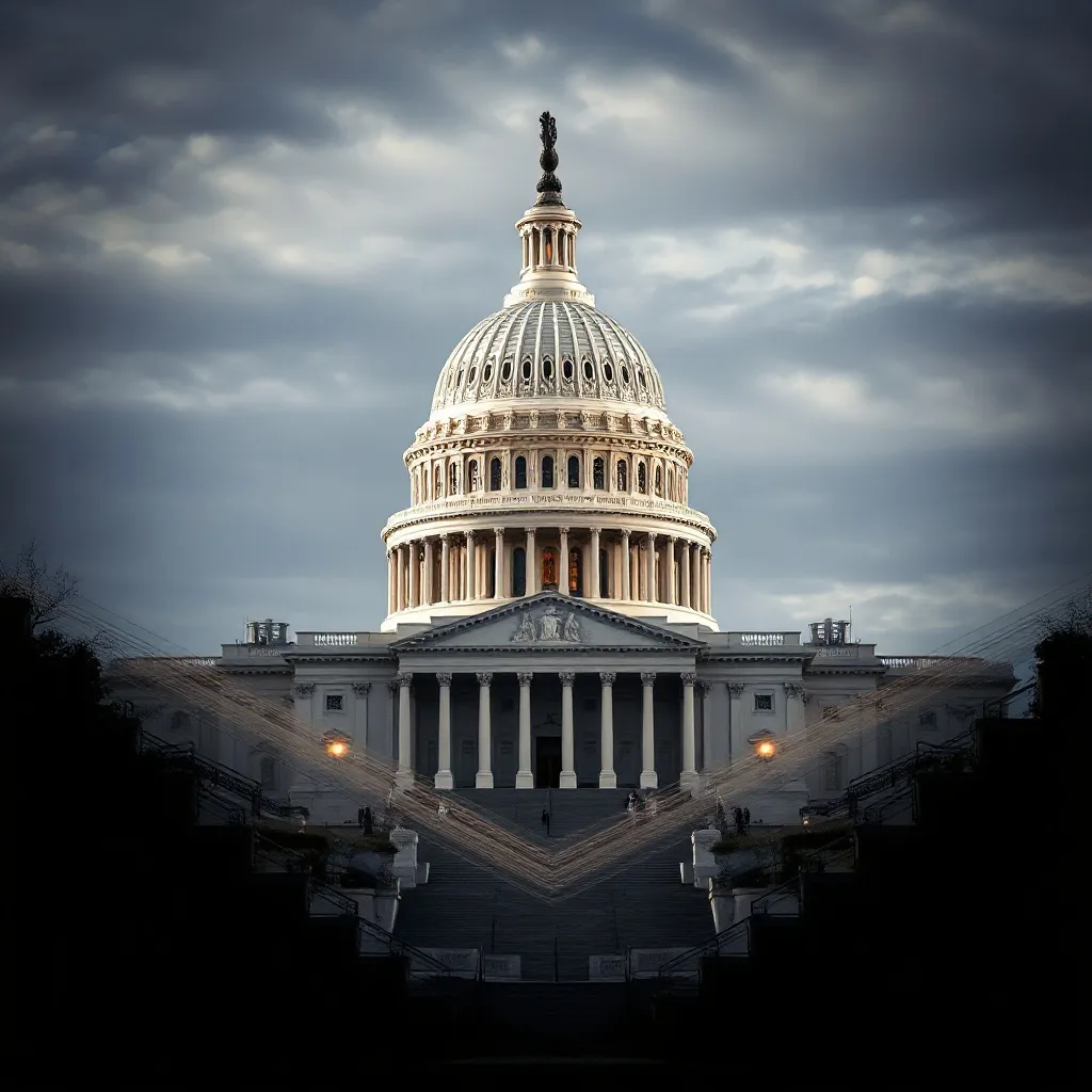 A high-contrast architectural photo of the US Capitol buildi